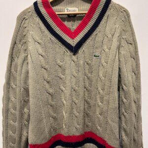 RARE Vintage Izod Lacoste 1980s Chunky Cable Knit Tennis V Neck Sweater Size L